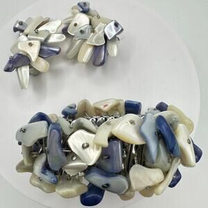 Japan 1950s silver mother of pearl beads expansion bracelet clip on earrings